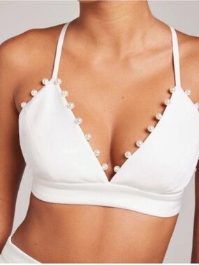 Nadine Merabi Charlotte White Pearl-Trim Satin Bralette - S/M